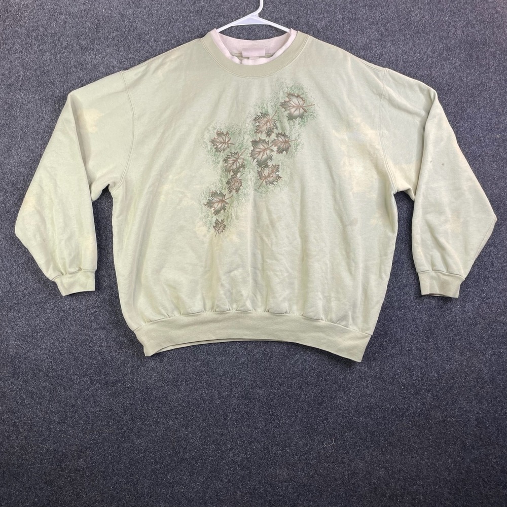 Top Stitch Morning Sun Autumn Leaves Studded Sweatshirt Women 3X Green